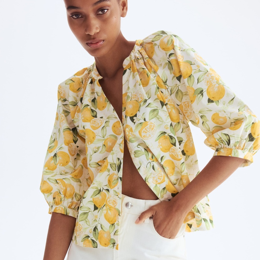 H&M Lemon Print Puff Sleeve Blouse